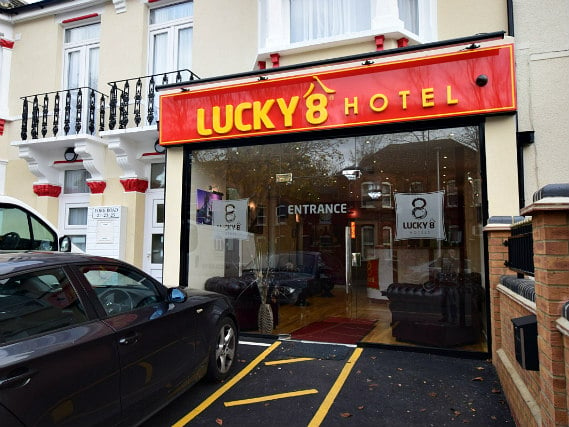 An exterior view of Lucky 8 Hotel