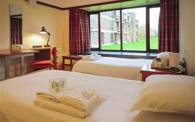 A comfortable twin room at Churchill College