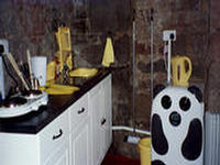 The colourful shared kitchen facilities